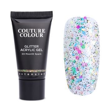 Акрил-гель Couture Colour Acrylic Gel Glitter 03 Moonlit Spark прозрачный с мелкими и крупными цветными блестками Акрил-гель Couture Colour Acrylic Gel Glitter 03 Moonlit Spark прозрачный с мелкими и крупными цветными блестками