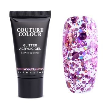 Акрил-гель Couture Colour Acrylic Gel Glitter 05 Pink Opulence прозрачный с крупными розовыми блестками Акрил-гель Couture Colour Acrylic Gel Glitter 05 Pink Opulence прозрачный с крупными розовыми блестками